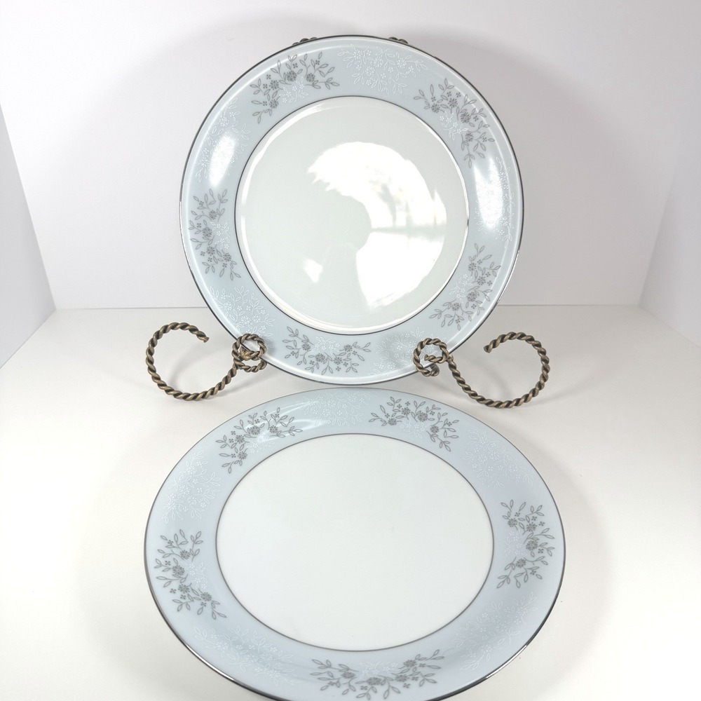 Noritake China Blueridge 5858 Dinner Plates Set of 2 Pale Blue Floral Silver Rim